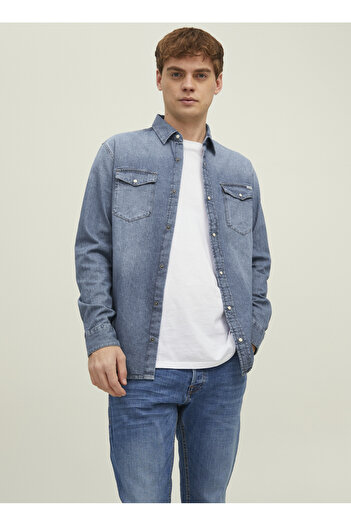 Jack & Jones JJESHERIDAN SHIRT L/S NOOS Mavi Erkek Normal Kareli Denim Gömlek