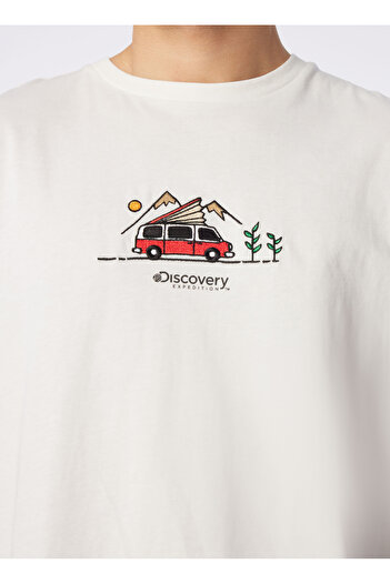 Discovery Expedition Kırık Beyaz Erkek Bisiklet Yaka Loose Fit Nakışlı T-Shirt LEAF