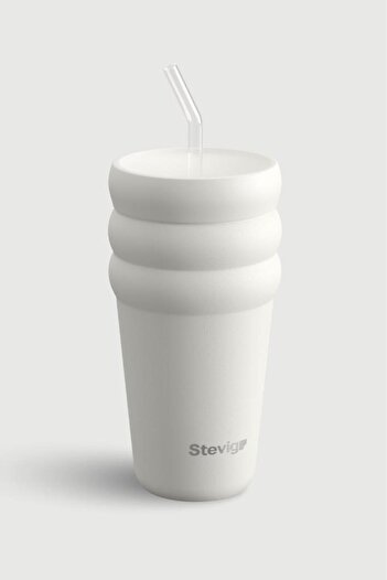 Stevig 3 Bubble Two-Cap Straw Tumbler Steel Thermos 600 ml White Stone St-249