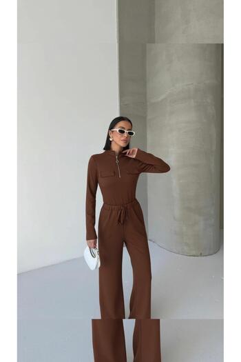 moda paketi Modal Fabric Half Zipper Top Fit Form Pants Set - Cotton