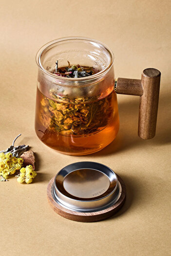 Perotti Herby Borosilikat 500 ml Acacia Detail Plant Tea Cup Teapot with Glass Strainer