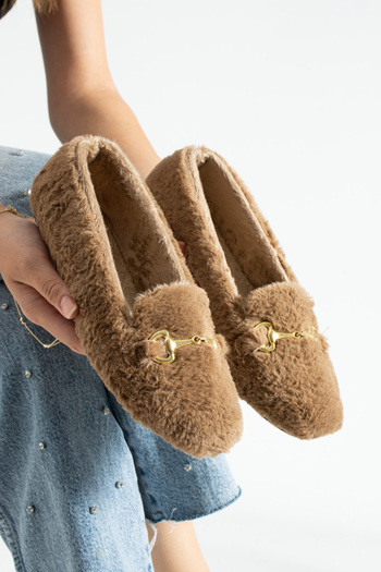 Moda Devrin Women's Tan Buckle Winter Ballerina Shoes for Home and Outdoor Use
