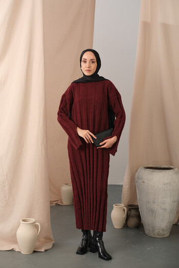LOCCO Women's Self-Patterned Knitwear Dress Burgundy