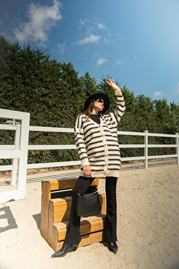 LOCCO Women's Striped Long Knitwear Jacket White