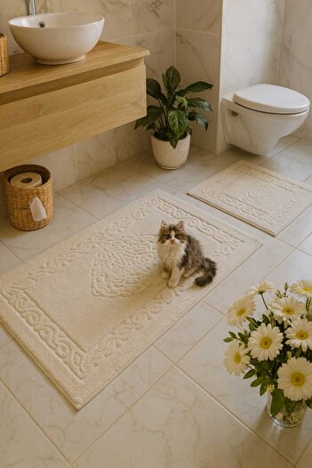 HOMEMOME Cotton Bath Mat Ottoman Set of 2 Ecru 60*100 & 50*60