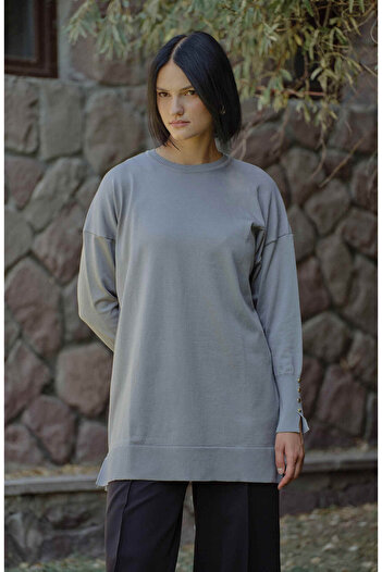 Fatma Atasoy Gray Basic Mercerized Knitwear Sweater with Gold Buttons