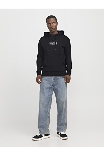 Jack & Jones Men's Black Jjcorp Graphic Sweat Hood Ln Sweatshirt 12268422-Black