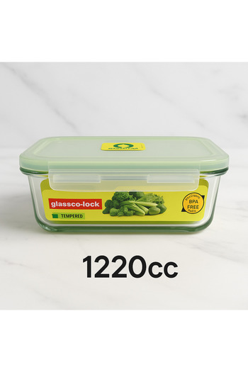 Glassco Glass Storage Container 1220Cc Tempered 21×15×7cm Green Lockable Leakproof Bpa Free Durable Easy to Use