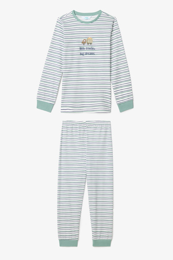 Penti Off White Boy's Little Truck Striped Long Sleeve 2-Piece Pajamas Set