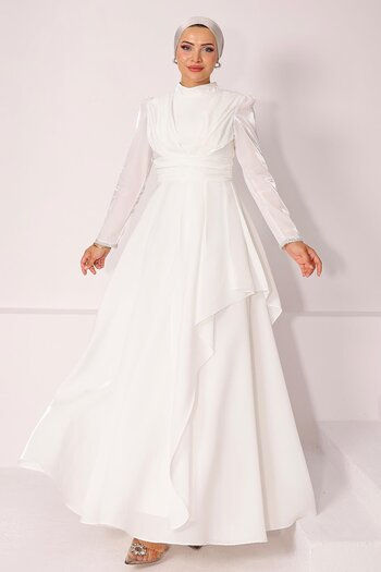 Olcay Taft Satin Hijab Evening Dress with Stone Embroidered Pleats and Flywheel Detail White 1215