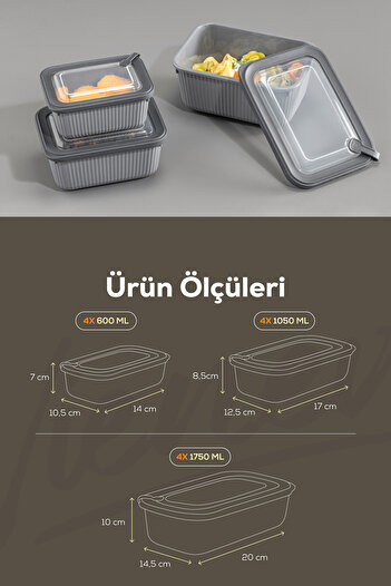 Vienev Set of 12 Vip Rectangular Microwave and Diffracted Suitable Storage Containers Gray 4X(1750,1050,600 ml)