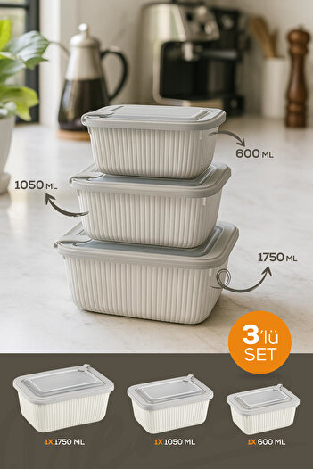 Vienev 3-Piece Vip Rectangular Microwave and Diffuse Suitable Storage Container Set Beige 1X(1750,1050,600 ml)