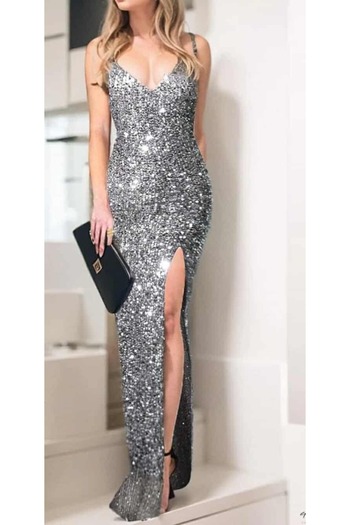 SELİN MODA EVİ Trend Σχισμένο Βελούδινο Φόρεμα Γκρι 583293