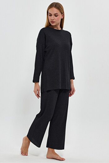 Oyga Women's Anthracite Women's Ribbed Report & Sweatpants, Casual Home Wear Pajamas Set