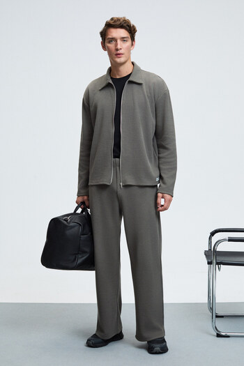 GRIMELANGE Lachlan Men's Waffle Special Textured Corduroy Dark Gray Pants with Decorative Labels