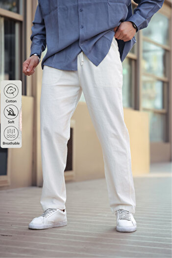 COMBİNE MİCHAİL Men's Linen Loose Cut Pantalon - White