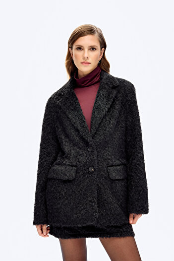 Quzu Feather Textured Oversize Blazer Jacket Black