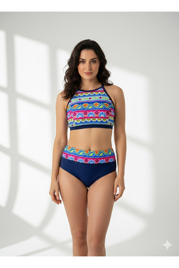 FUNELLA Women's Crop Stylish Ethnic Patterned Bikini Set