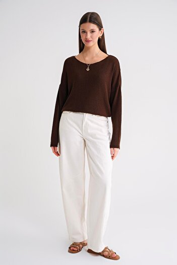 Mixray 6933 Women's Boat Neck Thin Seasonal Knitwear Sweater Brown
