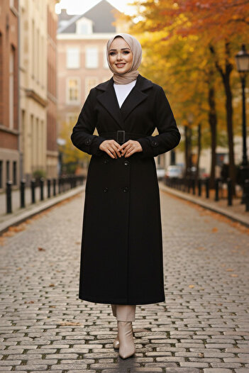 Neva Style Belted Black Stamped Hijab Coat 61251S
