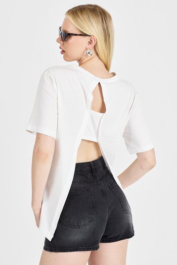 odelon Women's Back Detailed 100% Cotton Ecru T-Shirt