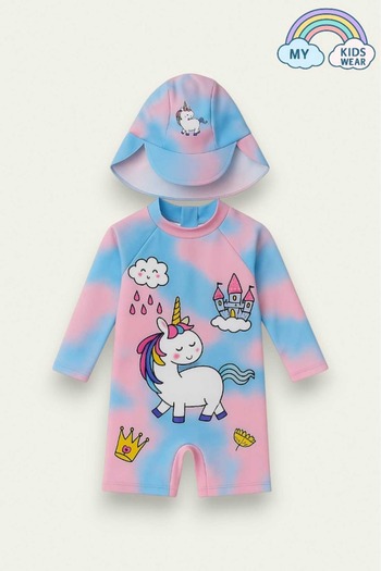 My Kids Wear Zippered Long Sleeve Girl's Swimsuit with Hat