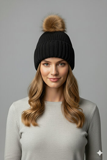 nettofit Women's Fur Pompom Wool Black Color Beret