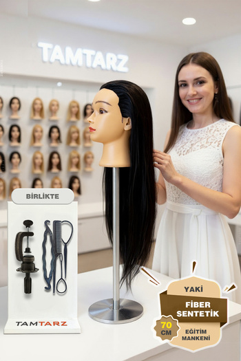 İnter 65cm Fiber Synthetic Black Hairdresser Training Mannequin Working Head