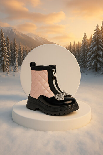 Zilvana Girl's Zippered Quilted Patterned Winter Boots with Stone Bow Detail