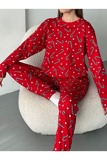 LETS BASIC Red Candy Patterned Long Sleeve Women's Pajama Set