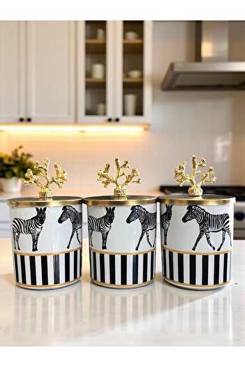 ferayhome Spice Cylinder Set of 3 Coffee Corner Zebra Horse Patterned Gold Coral - Feray Home