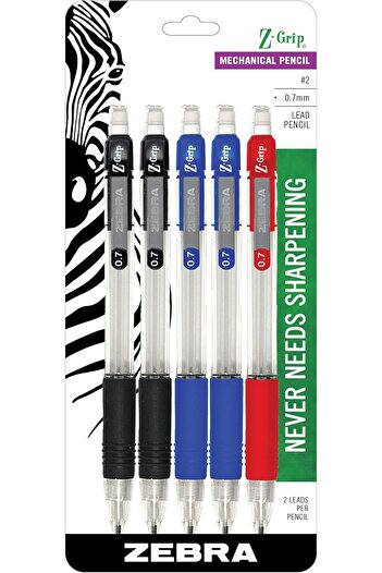 Zebra Pen Z-Grip Mechanical Pencil, 0.7mm Point Size, HB #2 Graphite, Assorted Grip Colors, 5-Count