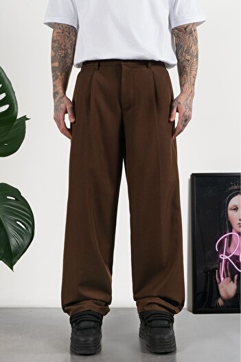 UKHWD SUPPLY Wide Leg Pleated Coffee Retro Men's Fabric Pants