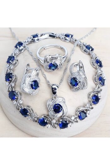 OEM 925 silver plated jewelry set with sapphire blue zircon crystals