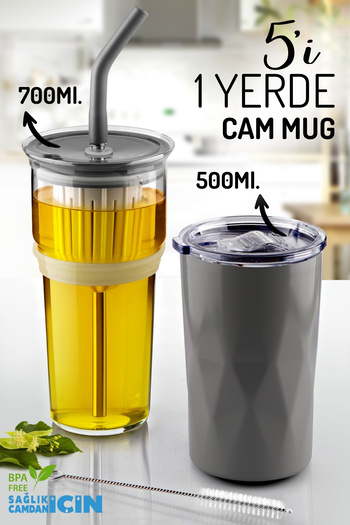 Nandy Home 5-in-1 Mug & Thermos Water Bottle with Straw – 700 ml / 500 ml – Multi-Purpose for Hot and Cold Drinks