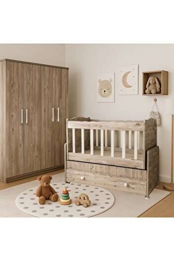 Kaktüs Avm Çekmeceli Sallanır Anne Yanı Bebek Odası Takımı Beşik 50 x 100 Gardırop 120 X 174 X 45