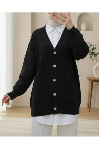 Modamorfo V-Neck Large Button Patterned Knitwear Cardigan -Black