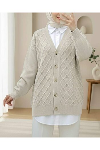 Modamorfo V-Neck Large Button Patterned Knitwear Cardigan -Stone