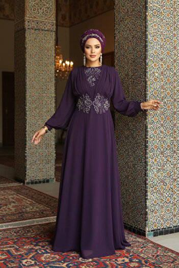 Neva Style Lace Plum Hijab Evening Dress 9118mu