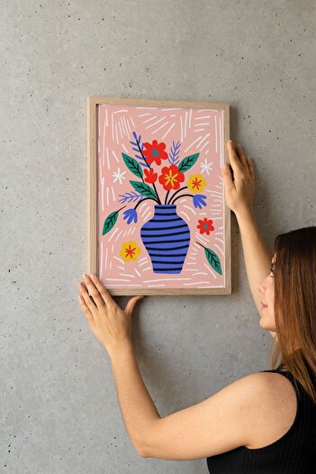 Evinemoda Flower Drawing One Piece Real Wood Framed Painting