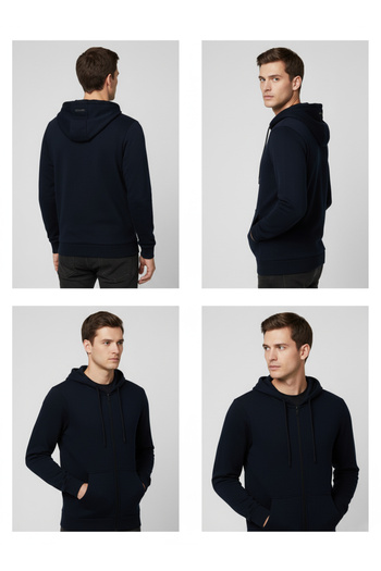 SÜVARİ Navy Blue 3 Thread Hooded Zippered Sweat Cardigan