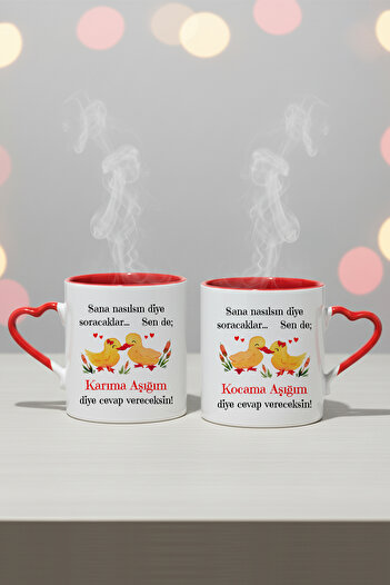 qoeuyl boutique I'M in Love Printed Couple Mug, Lover, Husband and Wife Gift, Romantic Fun Heart-Shaped Double Mug with Handles
