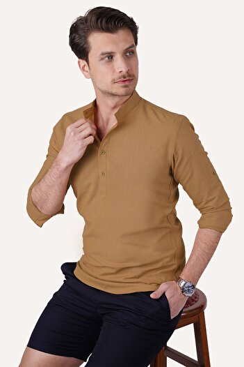 Etikmen Tan Color Judge Collar Linen Men's Shirt - 3 Button Gift Box