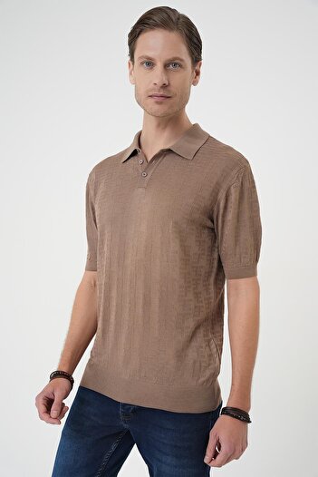 Efor Comfort Fit Polo Yaka Pamuklu Kısa Kol Casual Vizon Triko Tişört Tr 880