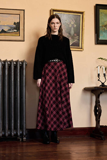 BE BLUE Claret Red Plaid Flounce Skirt