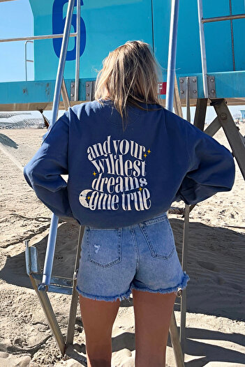 The Champ Clothing Оверсайз унисекс суитшърт за велосипедисти, син – 3-слоен поларен плат, свободна кройка, принт „Wildest Dreams“