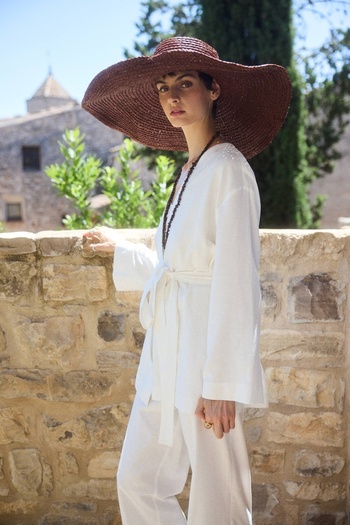 BE BLUE Ekru Cotton Linen Kimono
