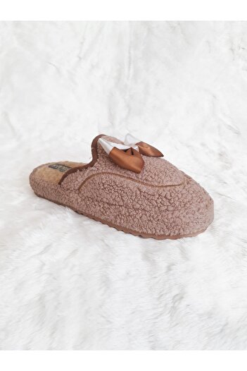 Efsun Bow Detailed Plush Non-Slip Soft Noise-Free Thick Soled Hospitality Winter Women's House Slippers