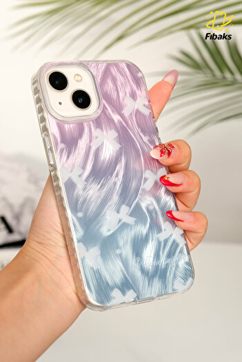 Fibaks iPhone 13/14/15 Compatible Case Shiny Hologram Bow Pattern Shock Absorbing Camera Protruding Silicone
