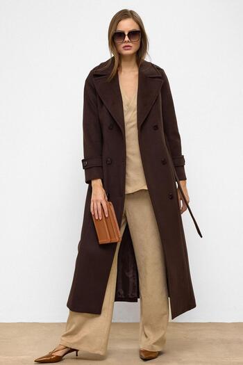 Olcay Epaulette Detailed Double Breasted Long Length Coat Brown 3056